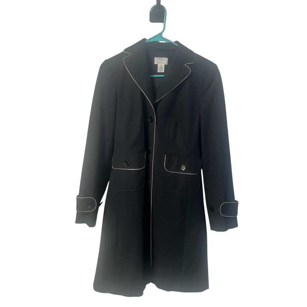 Ann Taylor Loft Petites Stretch‎ Black Trench Coat White Piping Trim Size 6P